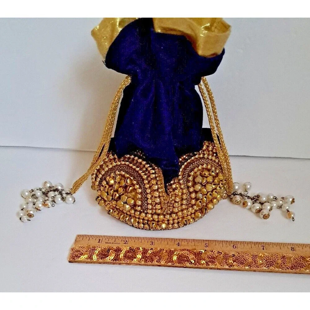 Royal Blue Velvet Potli Bag Gold Beadwork Pearl Handle Ethnic Wedding Clutch